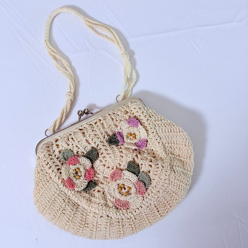 Rosetti Floral Crochet Metal Clasp Frame Lined Purse w/ Wooden Beads